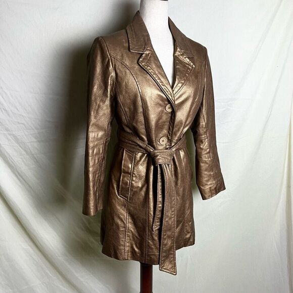 Vintage Y2K Gold Leather Short Trench Coat Belted Jacket Button Down Small - Picture 9 of 9